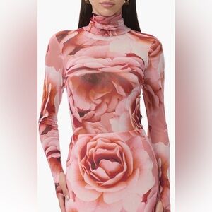 AFRM Zadie Print Turtle Neck Floral Pink Rose- Print Long Sleeve Mesh Top